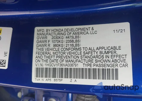 2022 Honda Accord Sport z USA, uszkodzony, nr VIN 1HGCV1F36NA008791